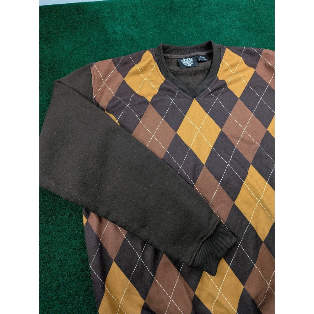 GVB Mens Argyle V-Neck Pullover Sweatshirt Brown Tan Yellow XL Fleece Lined